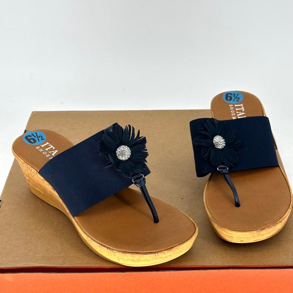 NEW Italian Shoemaker Wedge Blue Floral Thong Flip Flops Rhinestone Sandals 6.5